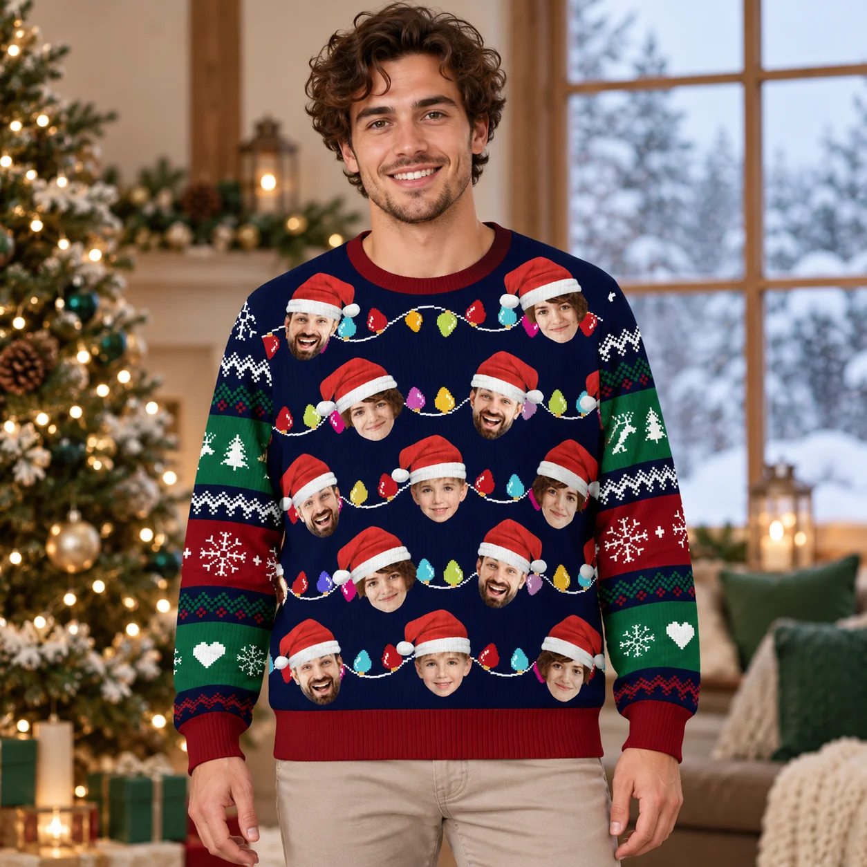 Family Photo Print Ugly Christmas Sweater Personal Names and Festive Crewneck Prints Holiday Sweaters for Matching Gifts