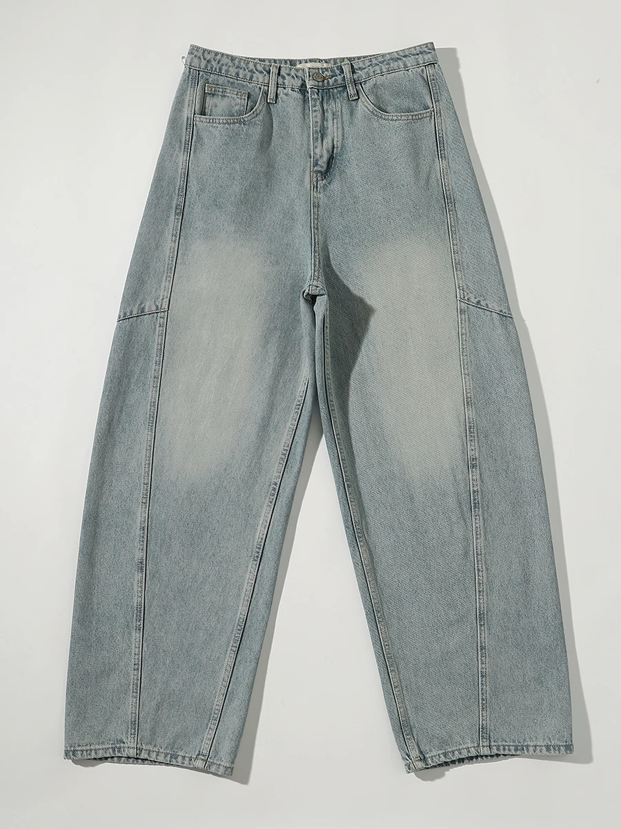 

Men's Faionable Light Blue Banana Denim Jeans mid Waist Wide Leg Loose Lazy Sle Couple's Pants Spring Season Casual Wear