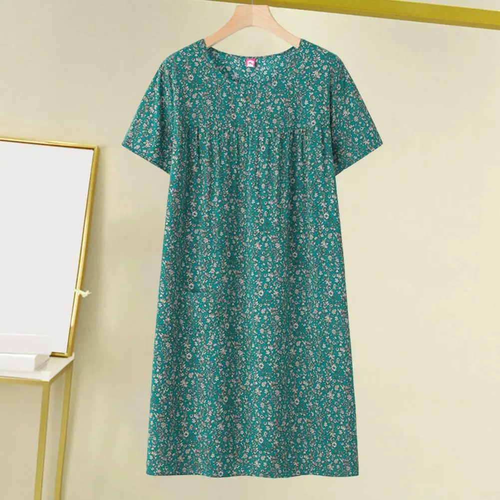 Women Summer Nightdress Flower Print Round Neck Short Sleeve Loose Pullover Sleepwear Mother Home Wear Mid-aged Female Nightgown