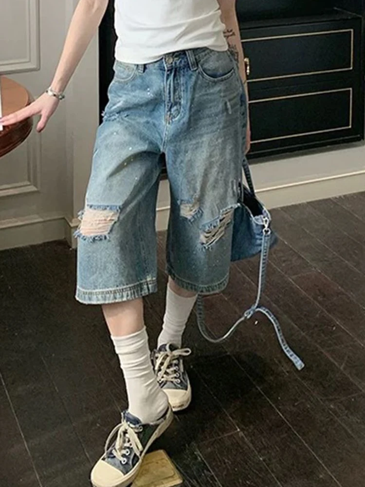 

Y2K Summer Denim Shorts Washed Ripped Cropped Pants for American Women