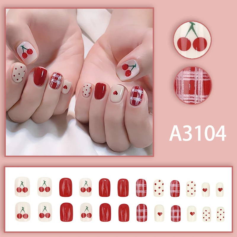 

24Pcs Polka Dot Heart Check Cherry Short Square False Nails With Jelly Adhesive Detachable Full Cover Press On Artificial Nails
