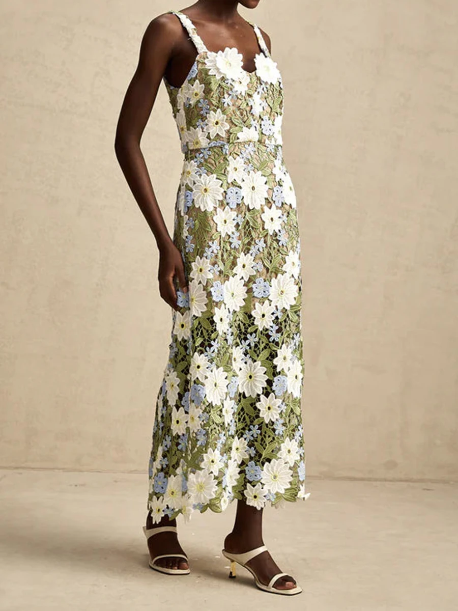 TWOTWINSTYLE カラーブロック痩身ファッションミディドレス女性のためのスクエアネックノースリーブパッチワークアップリケドレス女性服