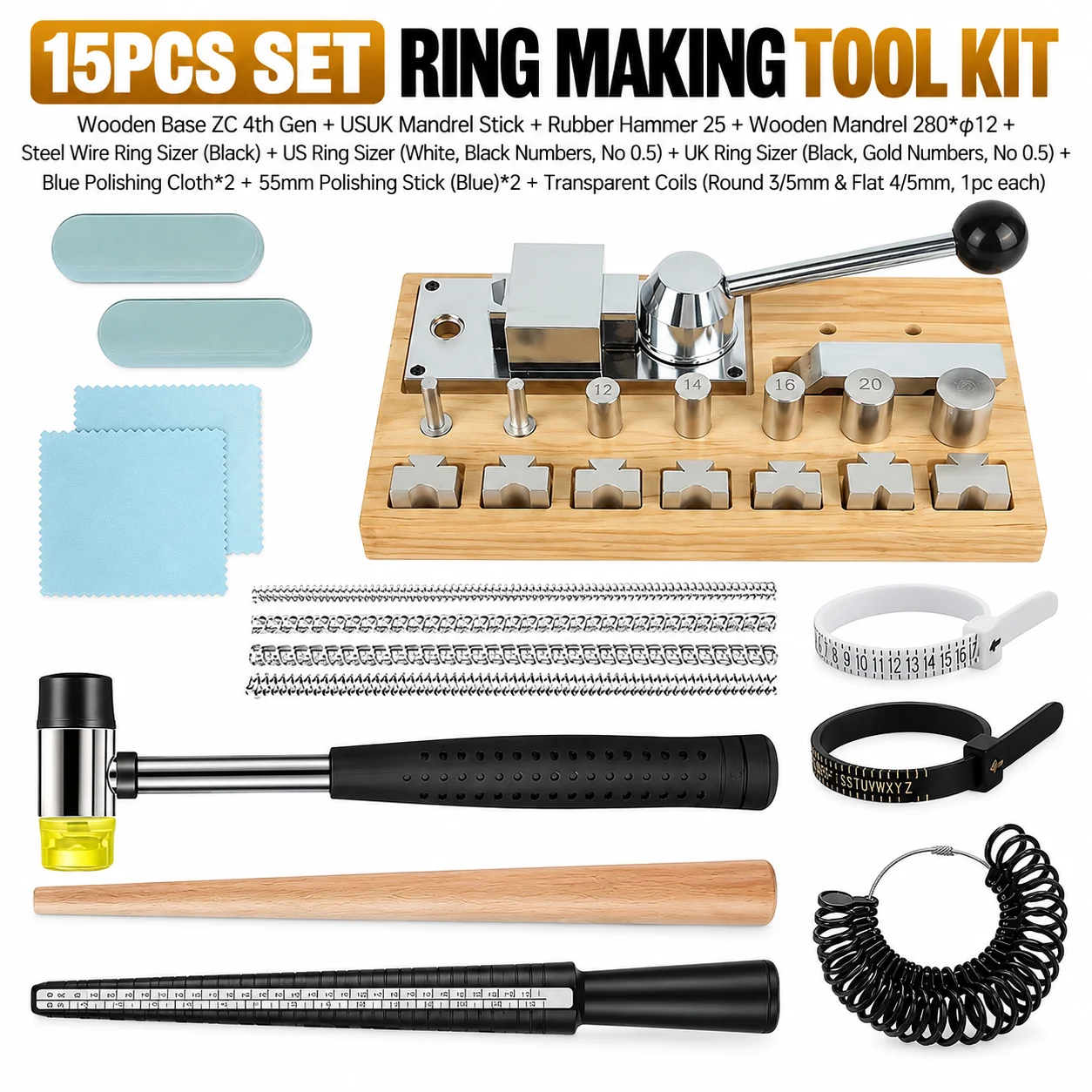 15pcs Kit IV Wooden Ring Bending Machine Jewelry Making Tools Kit for Forming & Bending Rings Repair Ring Sizer Finger Gauge & Mandrel Stick Tools Set Gold Silver Copper Earring Ring Forming Machine Ring Bender Machine