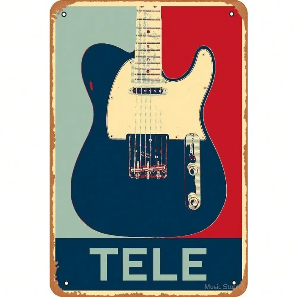SnapJams Telecaster Guitar Tin Sign - Vintage Electric Guitar Metal Wall Art for Home Office Decor