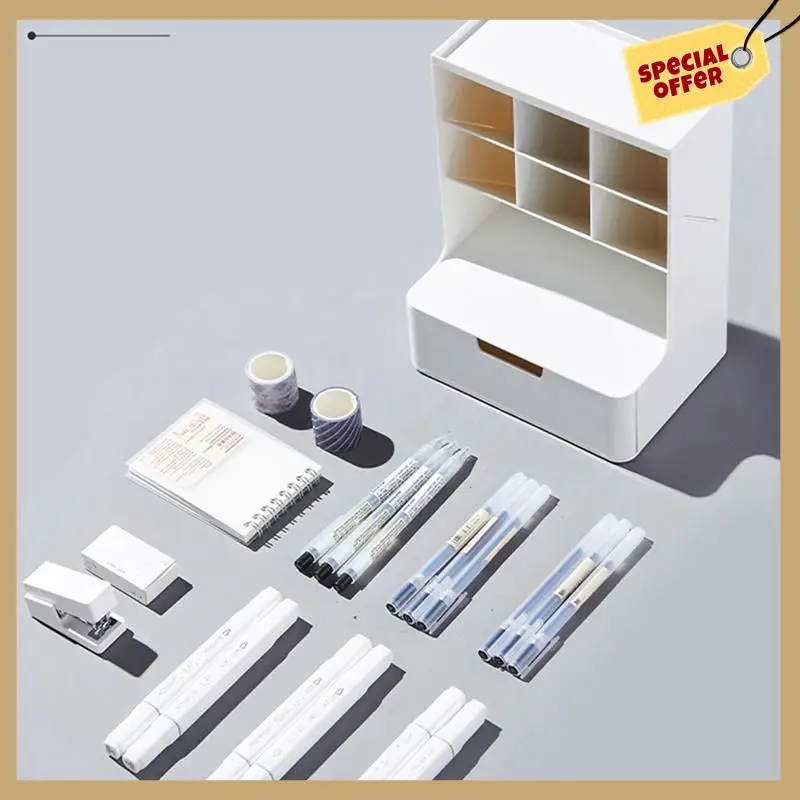 حامل قلم متعدد الوظائف صندوق تخزين درج متعدد الطبقات مقاوم للغبار سطح المكتب اللوازم المكتبية صندوق تخزين أبيض سهل التركيب