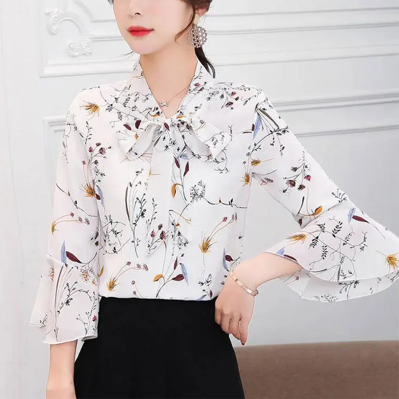 Women\'s Elegant V-neck Short Sleeve Chiffon Shirts, Loose Tops, Simplicity Printing, Casual Clothes, All-match, Summer Fashion