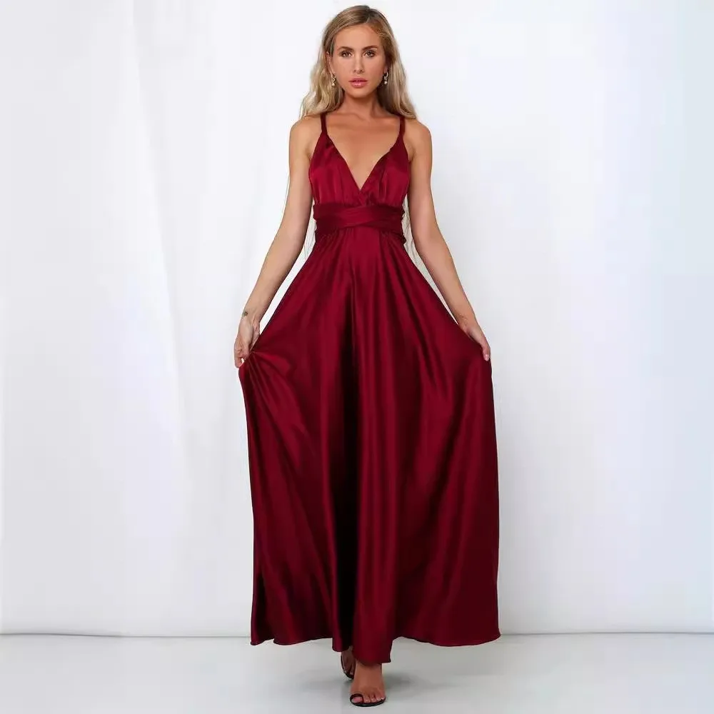Elegant Summer Wedding Guest Dress: Sexy A-Line V Neck Spaghetti Strap Satin Long Cross Back Party Dress for Prom and Evening
