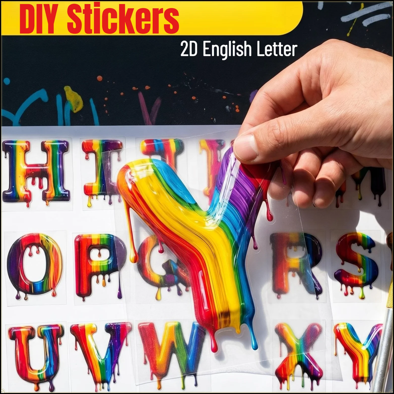 DIY-Aufkleber 2D Englische Buchstaben Flüssigfarbe Regenbogenmuster Dopamin Vinyl-Aufkleber Auto Motorrad Helm Zubehör für A6 C9 X6