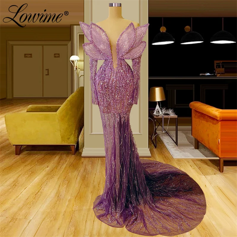 Lowime See Through Purple Party Dresses For Weddings 2022 Long Mermaid Celebrity Pageant Evening Gowns Couture Beaded Prom Dress