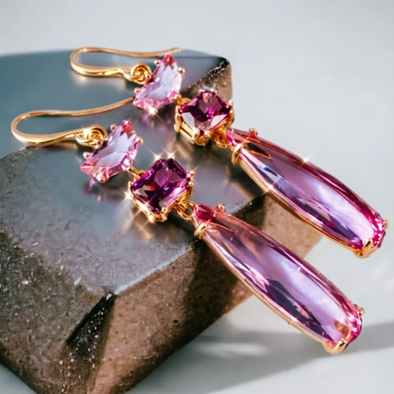 Women's Luxury Romantic Pink Synthetic Zirconia Layered Drop Earrings Elegant Temperament Banquet Wedding Charm Geometry Jewelry