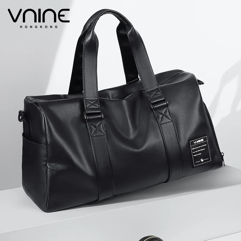 V.NINE Mens Leather Travel Bag Black Traveling Shoulder Bags for Man Luggage Duffle Handbag with Shoe Compartment Waterproof 25l