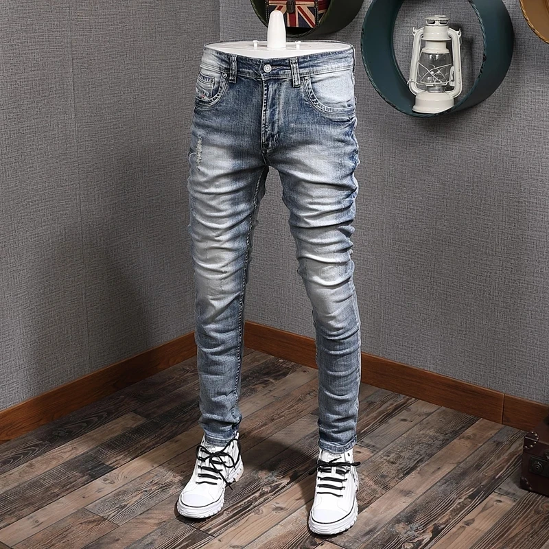 

Fashion Designer Men Jeans Retro Light Blue Stretch Slim Fit Printed Ripped Jeans Men Hole Trousers Vintage Casual Pants Hombre