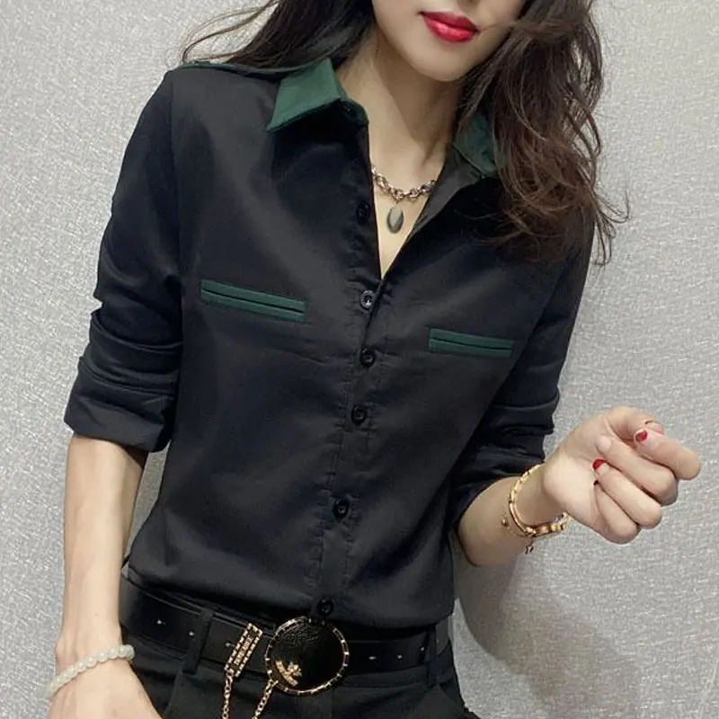 Office Lady Solid Color Work Wear Shirt Spring Autumn Long Sleeve Female Clothing Pockets Spliced Stylish Single-breasted Blouse