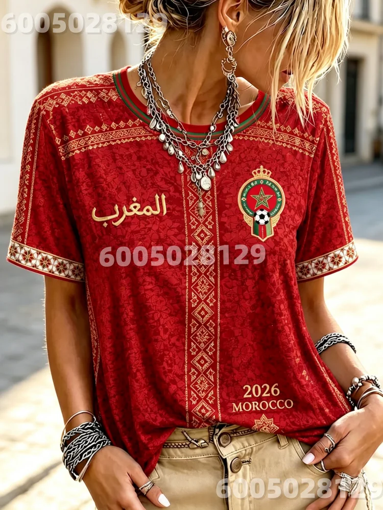 2026 Morocco Women's Soccer Jersey, Black with Traditional Geometric Print MOROCCO Text V-Neck Casual T-Shirt Family Kids Tees