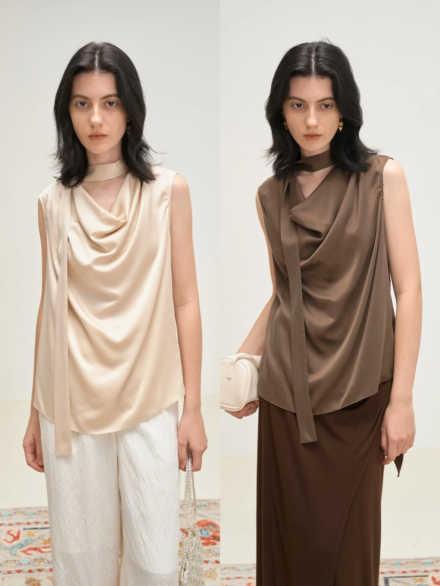 

Silk Noe 205 Momme Twisted Satin Sand Washed Sleeveless Draped Top Elegant Simple Style Universal Fit Loose Summer T-Shirt