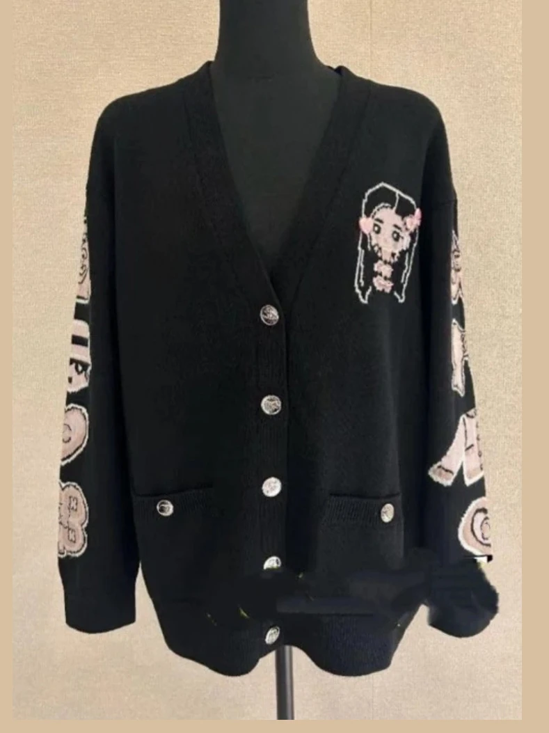 

Осенне-зимний вязаный шерстяной кардиган с v-образным вырезом для маленьких девочек, длинное пальто с вышивкой букв, милое среднее тонкое пальто