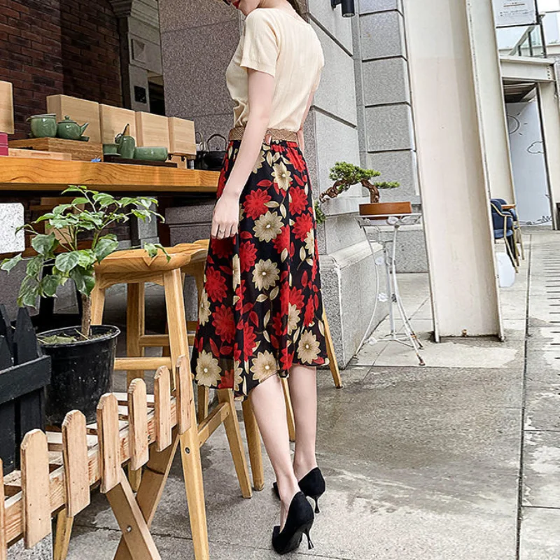 New Spring and Summer Women's Style High Waist Loose Elastic Chiffon A-Line Floral Elegant Fashion All-match Commuter Skirt