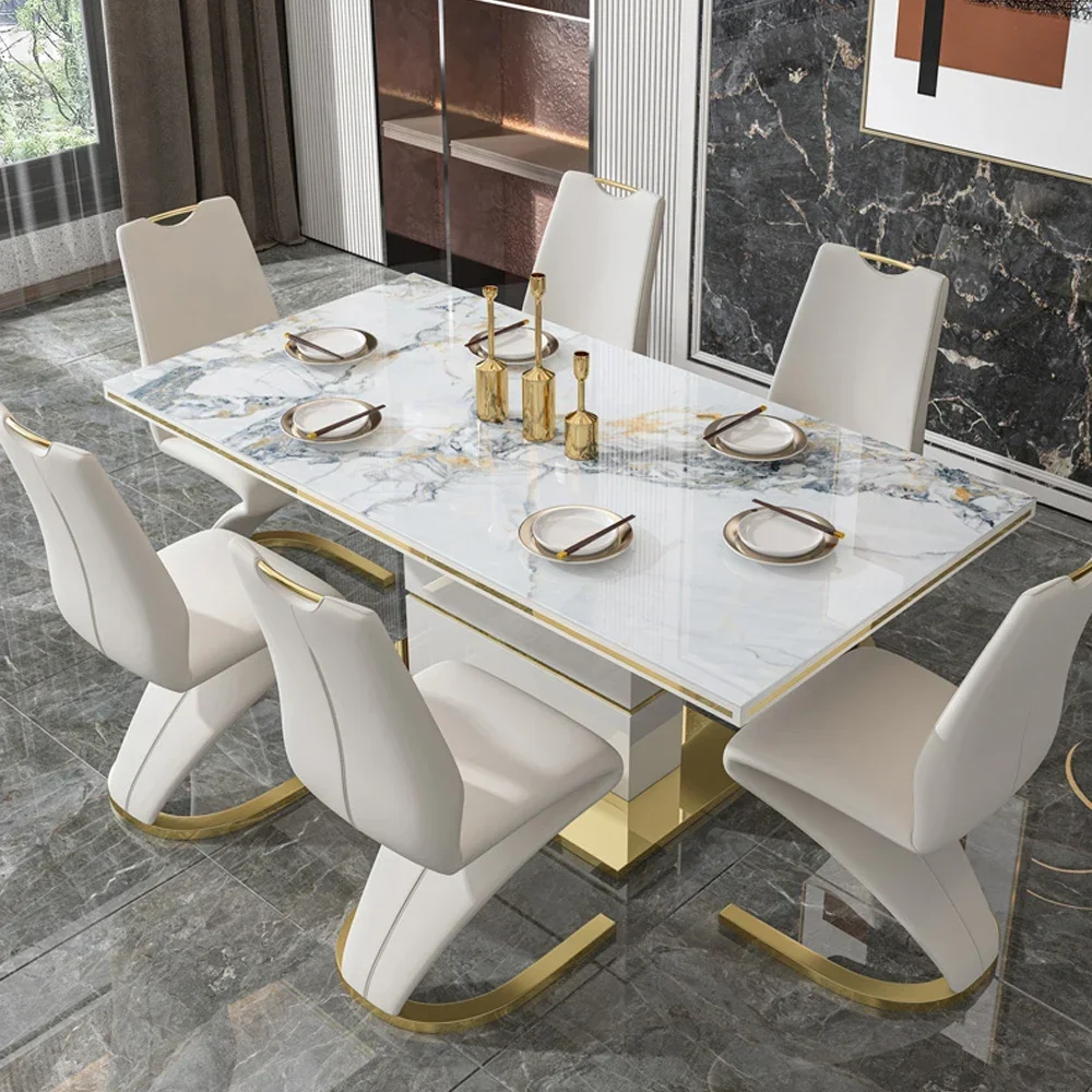 White Paint Stainless Steel Dining Table and 6 Chairs Mesas De Comedor for Dining room Mordern Home Kitchen Furniture