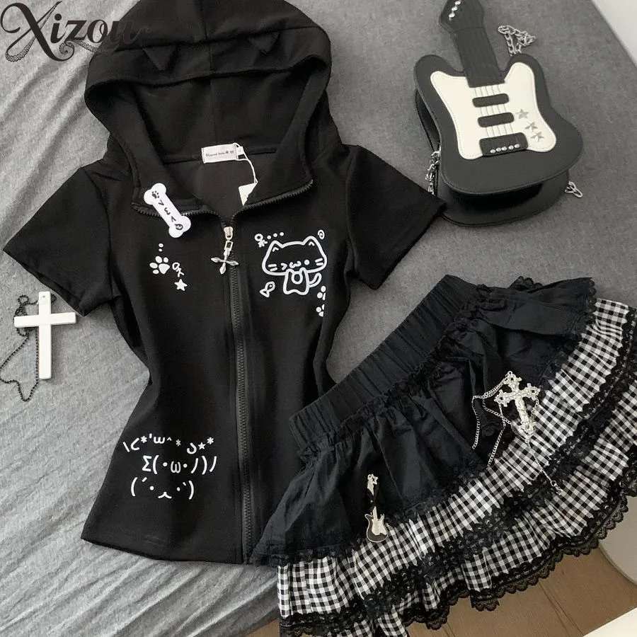 

2026 Y2K Harajuku Cartoon Print Hooded Zip-Up Top Plaid Ruffled Cake Skirt Set Women’s Cute Punk Aesthetic Two-Piece Outfit
