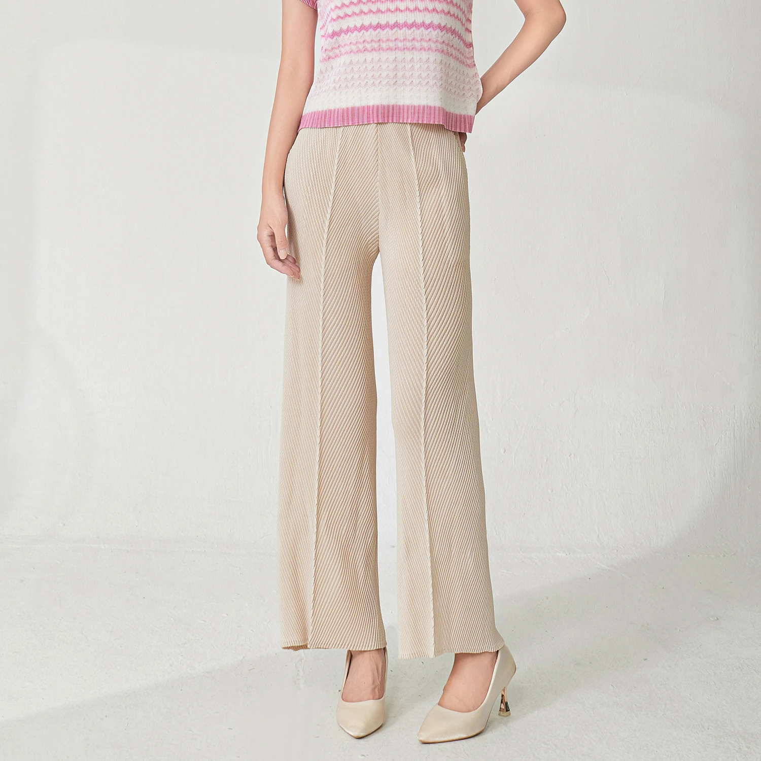 

New Arrival 2025 Miyake Pleated Pants Designer Stretch Casual Wide Leg Pants Polyester Fabric Ladies Elegant Pants