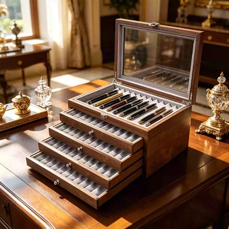 78‑Slot Wooden Pen Display Storage Box, Black/Burgundy Collector Organizer With Transparent Window For Fountain Pens