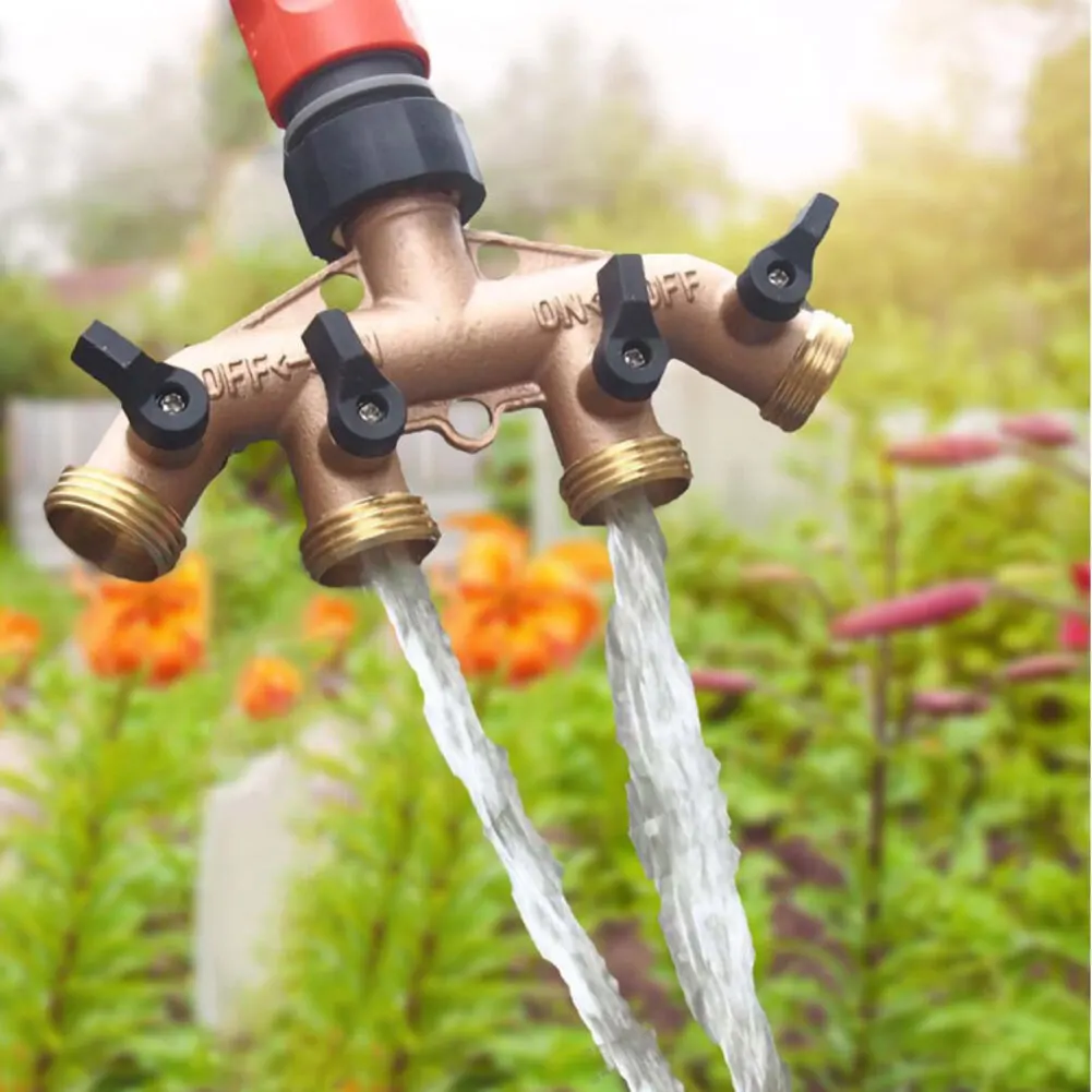 4 Way Brass Outdoor Hose Splitter with High Flow Ball Valve for Controlled Water Flow to Multiple Garden Hoses