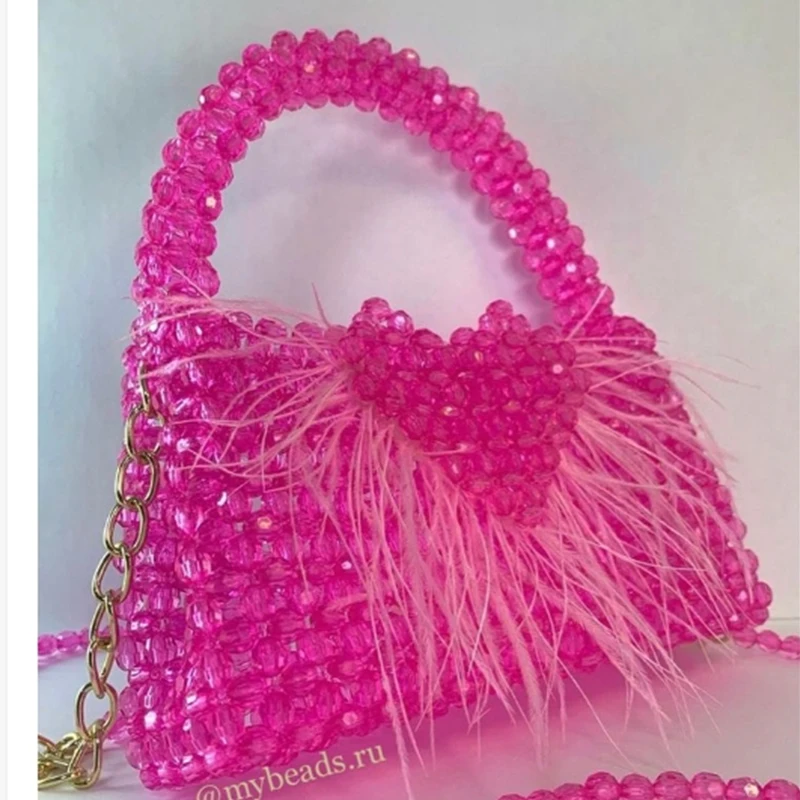 Valentine's Day Bag New Ins Love Feather Beaded Handheld Chain Crossbody Bags Handmade Customized Female Designer Party Banquet