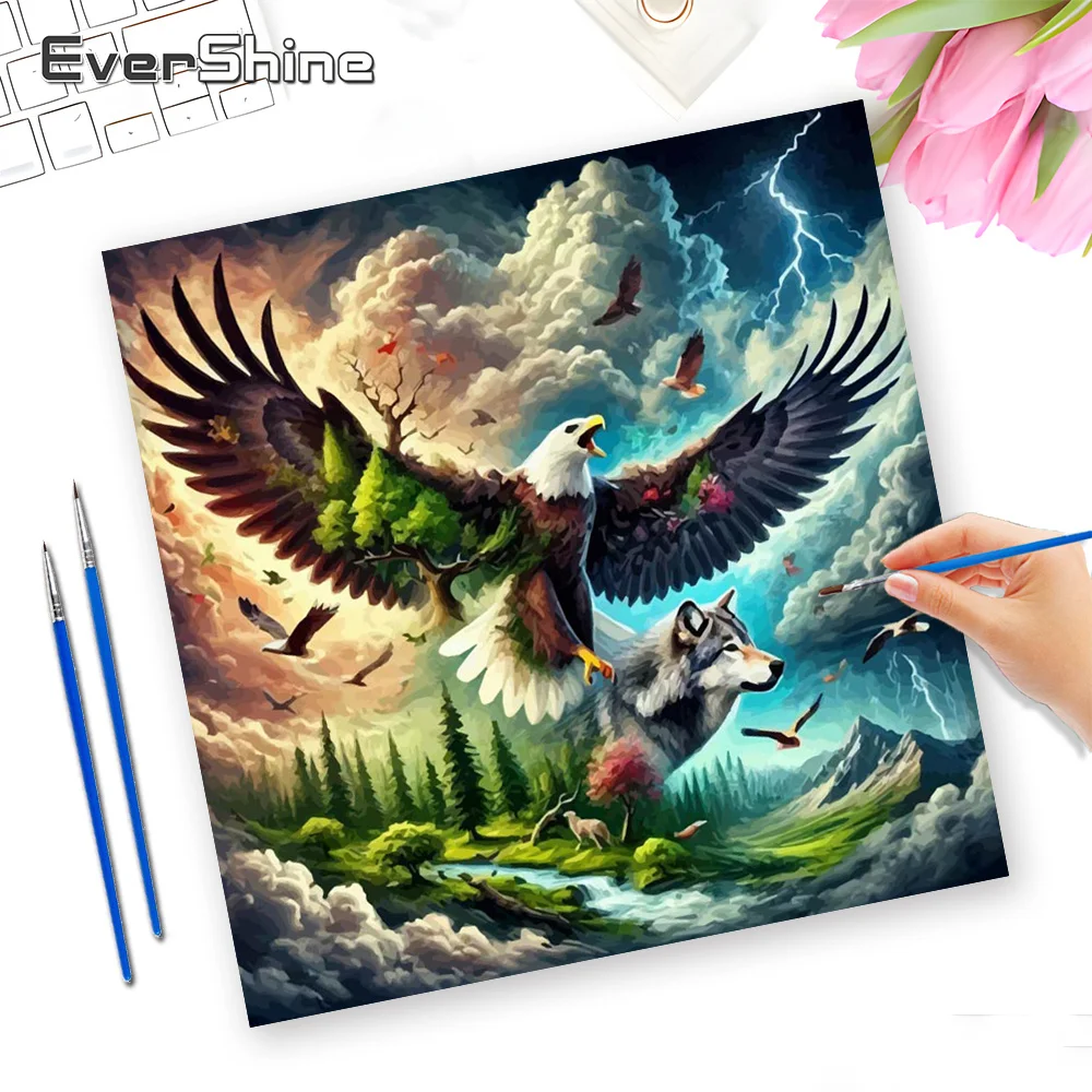 Evershine Animal Digital Oil Painting Eagle Wolf Colorful Canvas Drawing By Numbers Set Tree Picture For Living Room Home Decor