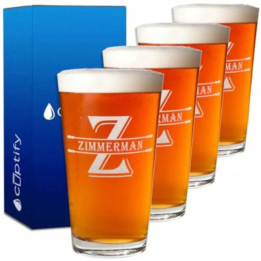 Personalized Beer Glasses Set Of 4 Monogram Initial And Name Laser Engraved 16 Oz Pint Drinking Glasses Customized Mug Birthday