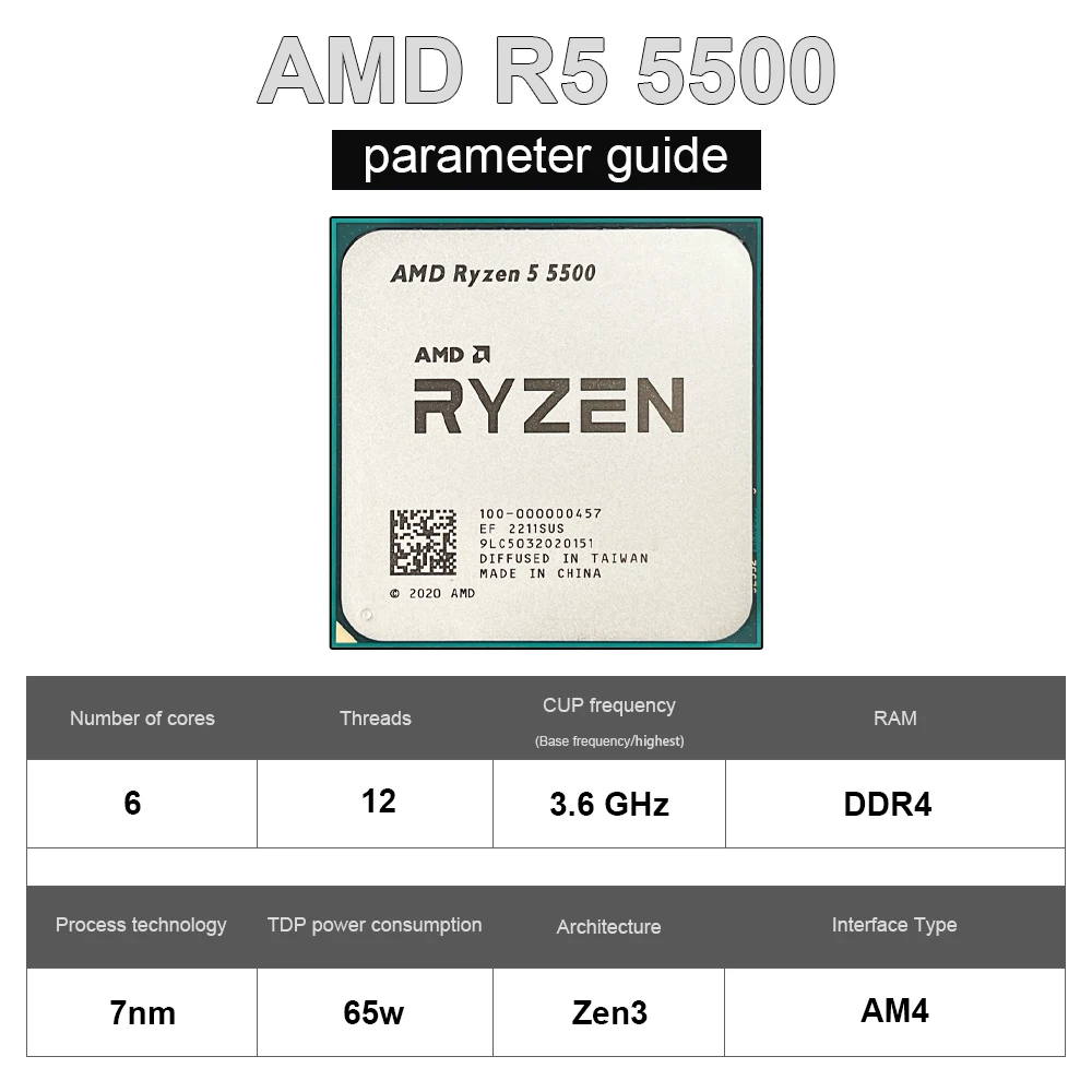 Processador amd ryzen 5 5500 cpu r5 5500 100% novo soquete de 6 núcleos am4 65w cpu de computador de jogo de mesa sem ventilador cooler