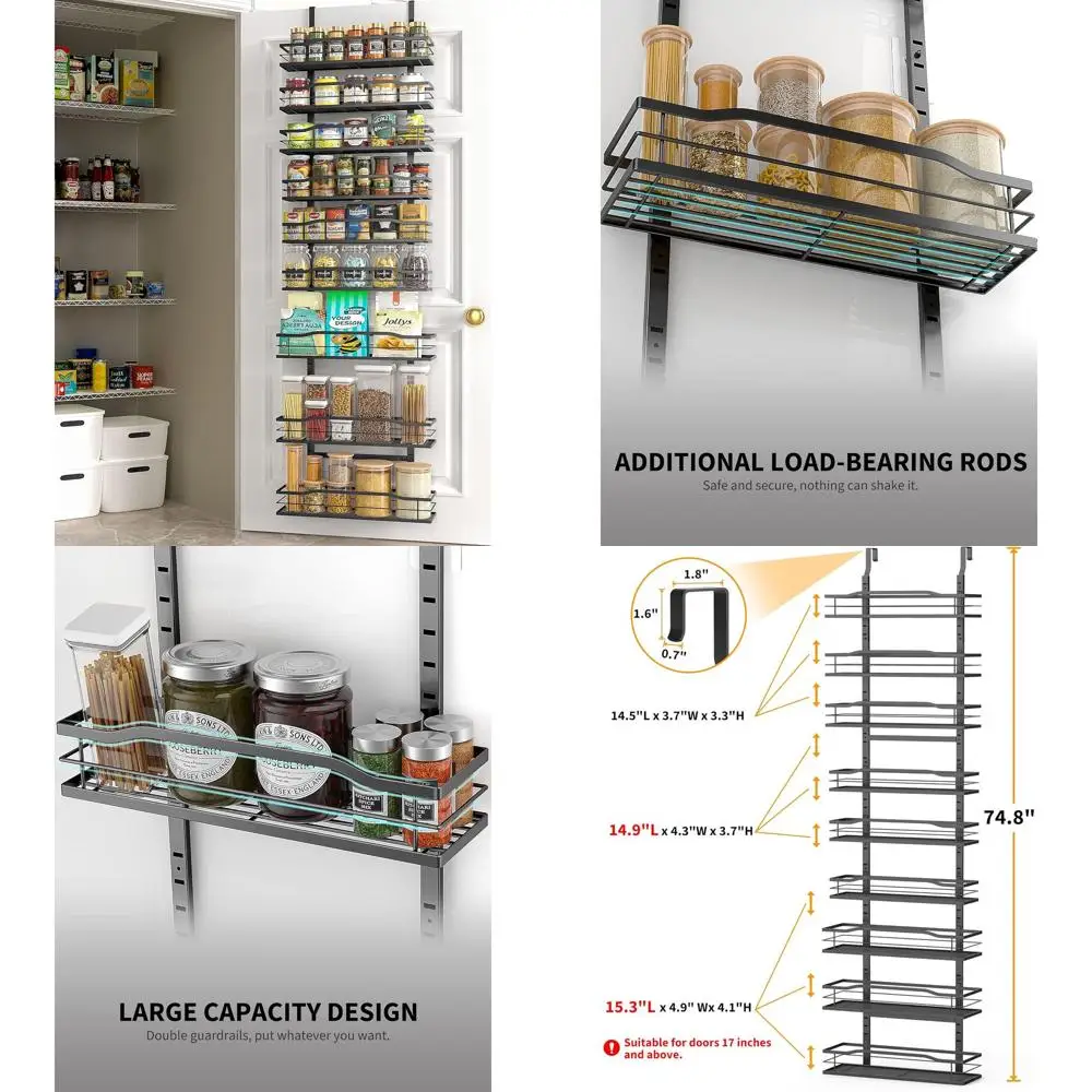 

9-Tier Door-Mounted Pantry Organizer, Black, Wall Spice Rack & Seasoning Shelves, Kitchen & Home Storage Essentials