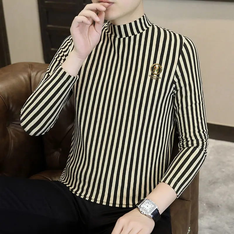 Slim-fit men's horizontal striped T-shirt medium collar slim-fit warm youth semi-turtleneck long-sleeved bottoming shirt