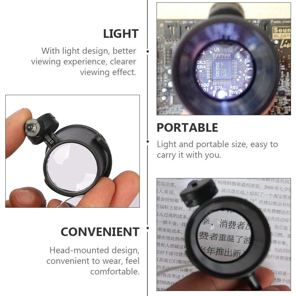 مجموعة واحدة من عدسة مكبرة يرتدي الرأس مقاومة للكسر ومتينة وعملية لكبار السن وإصلاح الساعة عدسة مكبرة مثبتة على الرأس