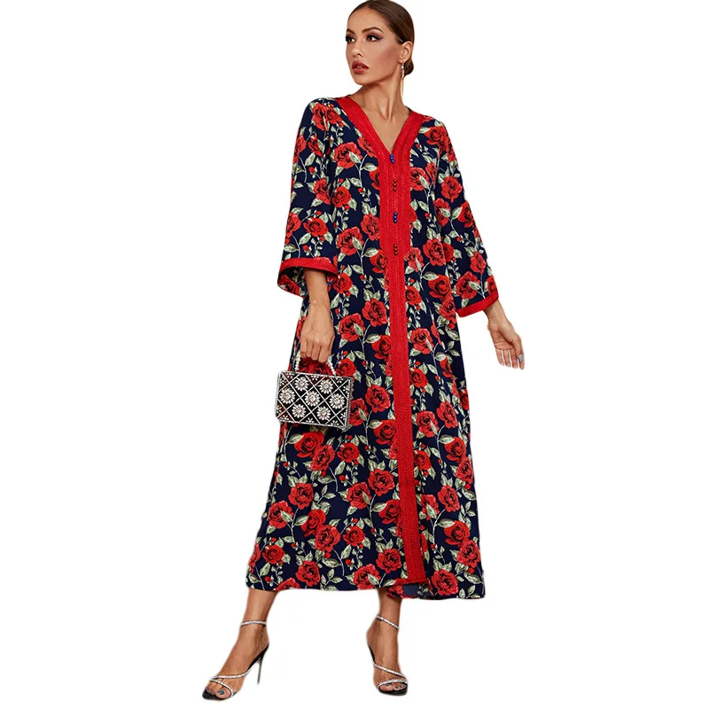 Eid Muslim Women Flower Print Dresses Jalabiya Ramadan Dubai Abayas Islam Party Vestidos Saudi Arabic Long Robe Morocco Kaftan