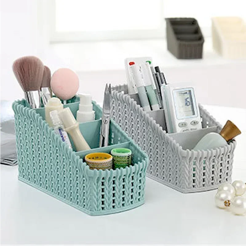 1pc Imitation Rattan Storage Basket Multi-grid Storage Box Desktop Cosmetics Box Creative Household Goods Storage Basket