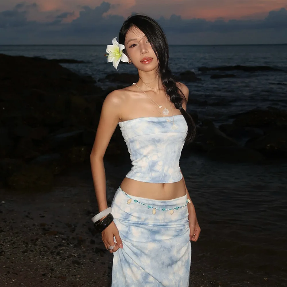 SylCue Tie-Dye Design 2 Piece Set Women Sexy Backless Navel Exposed Strapless Tops+Skinny Long Skirts Summer Beach Style Outfits