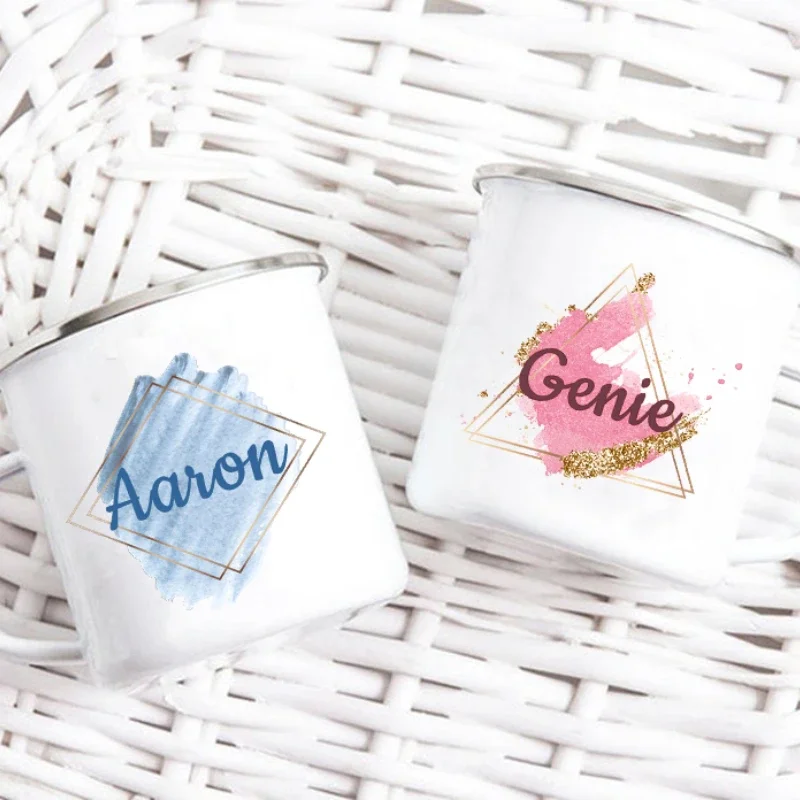 Personalized Geometry Custom Name Coffee Mugs, Enamel Cups, Birthday Mothers Day, Wedding Engagement Gifts for Bridesmaid Friend