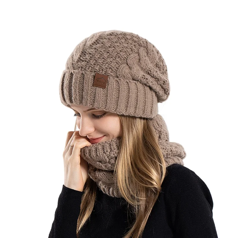 Women's Thermal Knit Set 2-Piece Plush Lined Winter Hat with Ear Protection Scarf Fashion Style Warm Beanie for Women