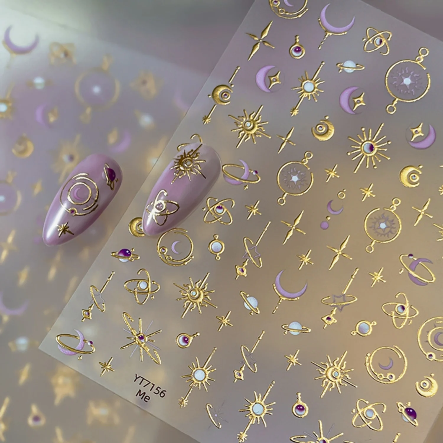 Purple Hot Stamping 5D Nail Art Sticker Star Moon Planet Glow Line Romantic Starry Theme Self Adhesive Elegant Sweet Nail Decal
