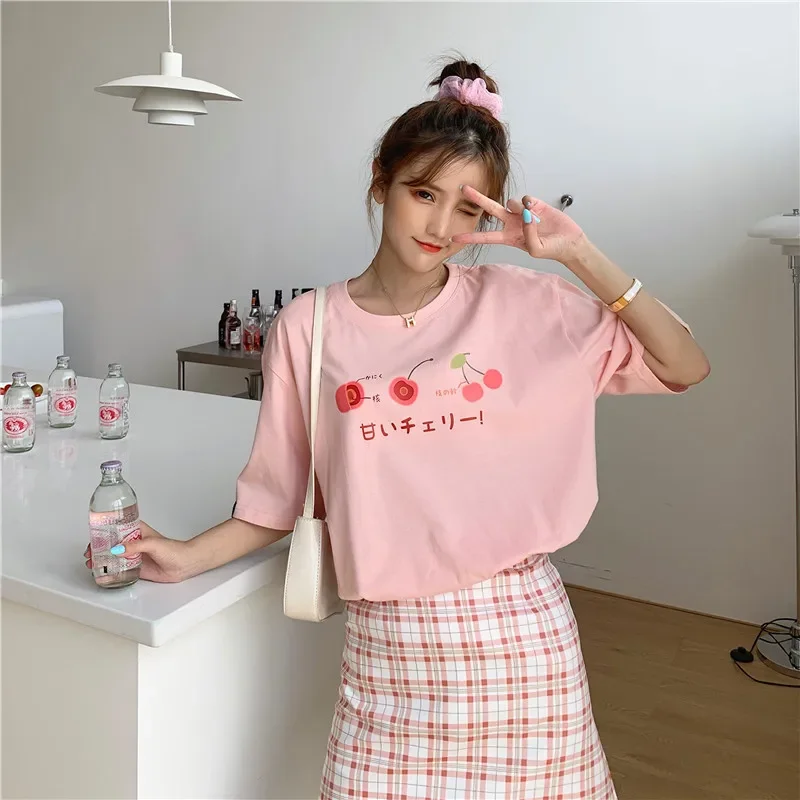 New Women Chic Cartoon Fruit Tops Kawaii Short Sleeve T-shirts Cottagecore Tees Girl Spring Summer Fashion Casual Loose T-shirts