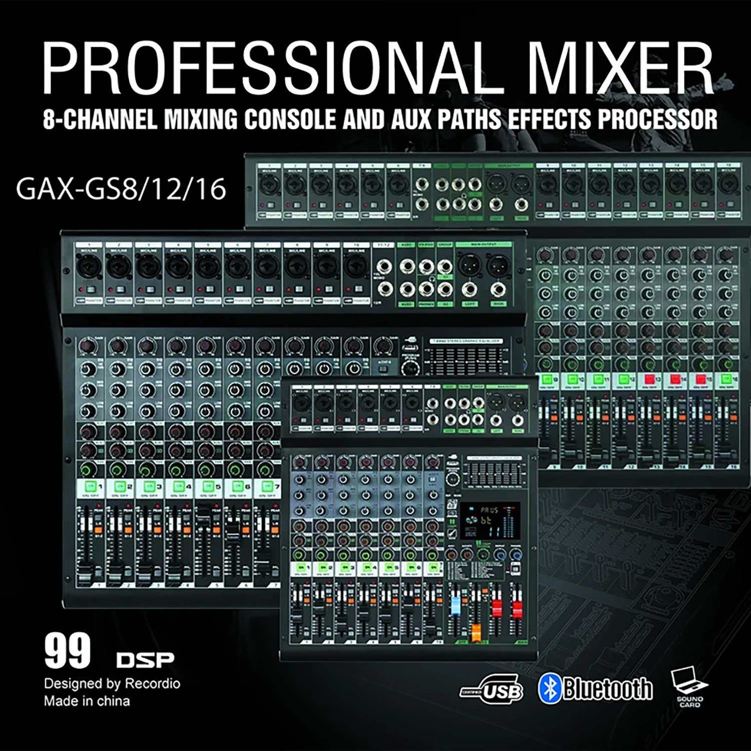 

GAX-GS8 Professional 8-channel 48V audio mixer with MP3 USB recording 99 DSPs LED display for live streaming content creation