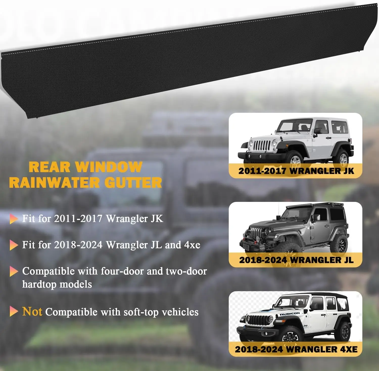 

Rear Window Rainwater Gutter/Rain Guards/Rain Deflector for 2018-2024 Wrangler JL and 4xe, for 2011-2017 Wrangler JK