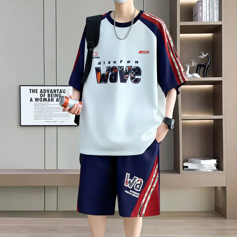 

Summer 2Pcs/set Men's Sets Short Sleeve O-neck T Shirts Shorts Suit Casual Men Beach Clothes Set