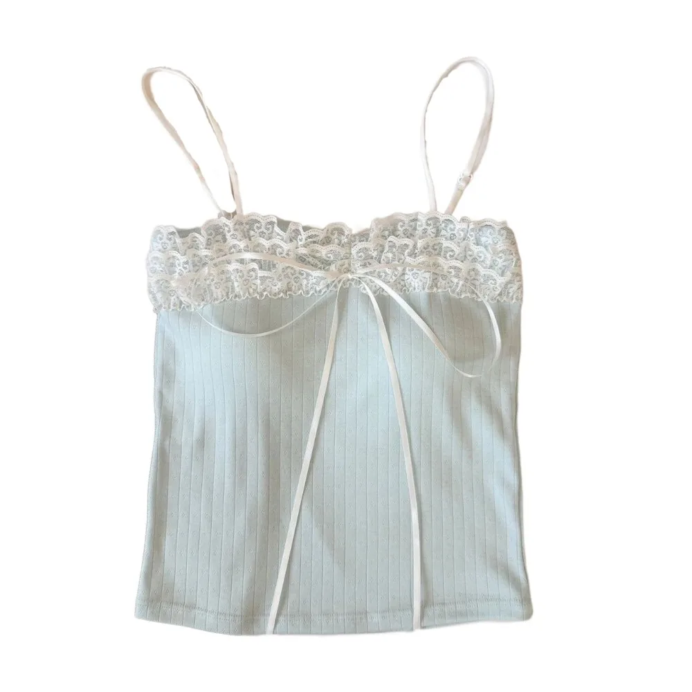 

Chic Bow Slim Lace Crop Top Sweet Bottoming Shirt Girl's Vest Top Summer Spice Girls Style Camisole with Pads Women