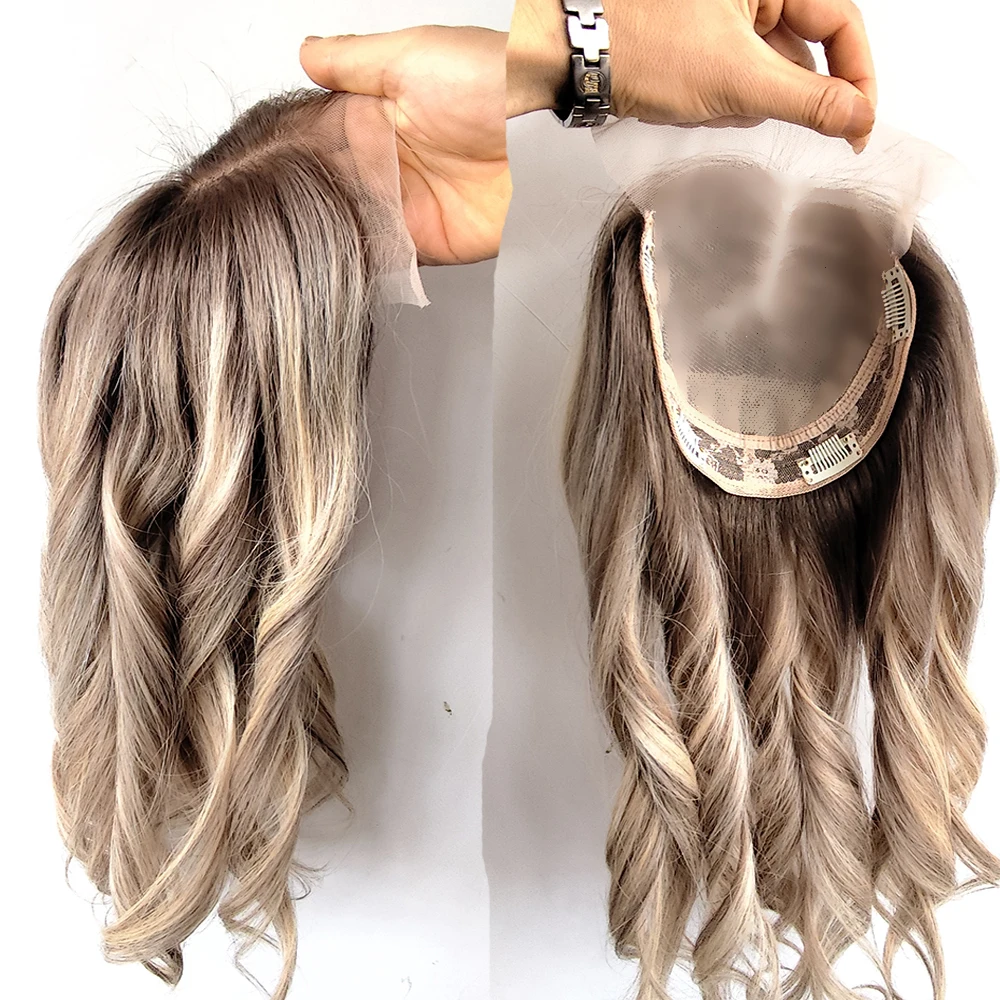 6x7 Lace Human Hair Topper Dark Rooted Blonde Wavy Topper with Clips, Breathable Lace Base Hairpiece for Hair Loss Thinning Hair