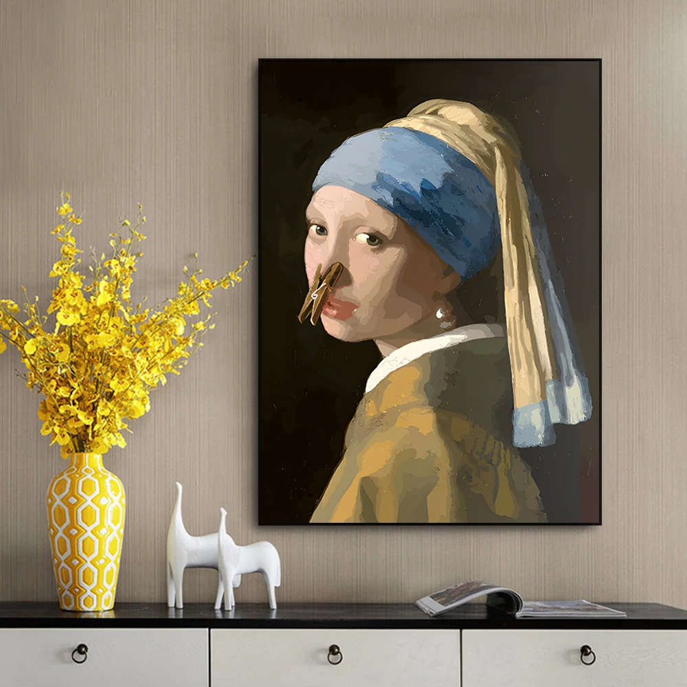 Classical Funny Bathroom Art Wall Poster Decor Retro Oil Painting Girl With The Pearl Earing Prints Vintage Canvas Painting