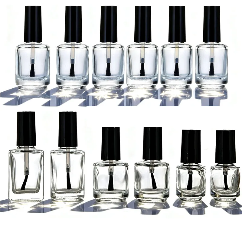 

20Pcs 5ml/10ml/15ml Refillable Square/Round Vials Empty Clear Glass Nail Polish Bottles With Brush Cap For Nail Art Samples Show
