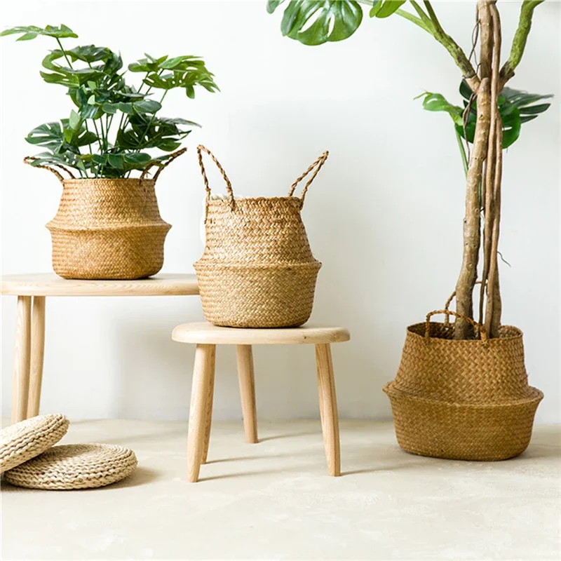 Handmade Bamboo Storage Baskets Foldable Laundry Straw Patchwork Wicker Rattan Seagrass Belly Garden Flower Pot Planter Basket