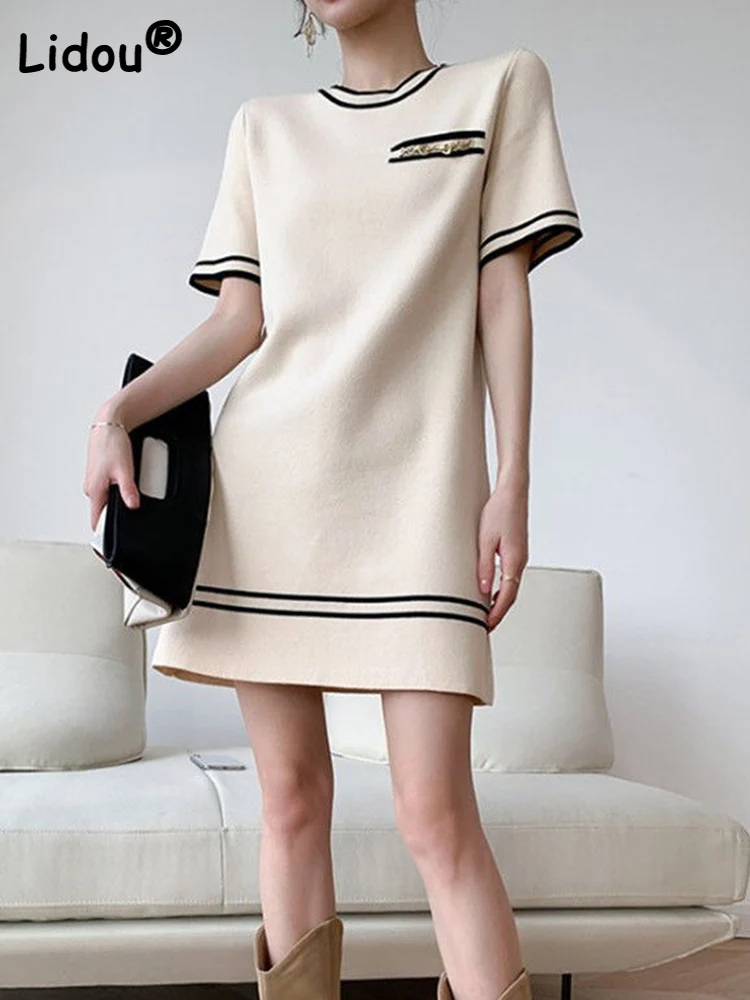 Summer Casual Loose Solid Color Dresses For Women 2022 Short Sleeve Round Neck Female Clothing Vintage Straight Party Mini Dress