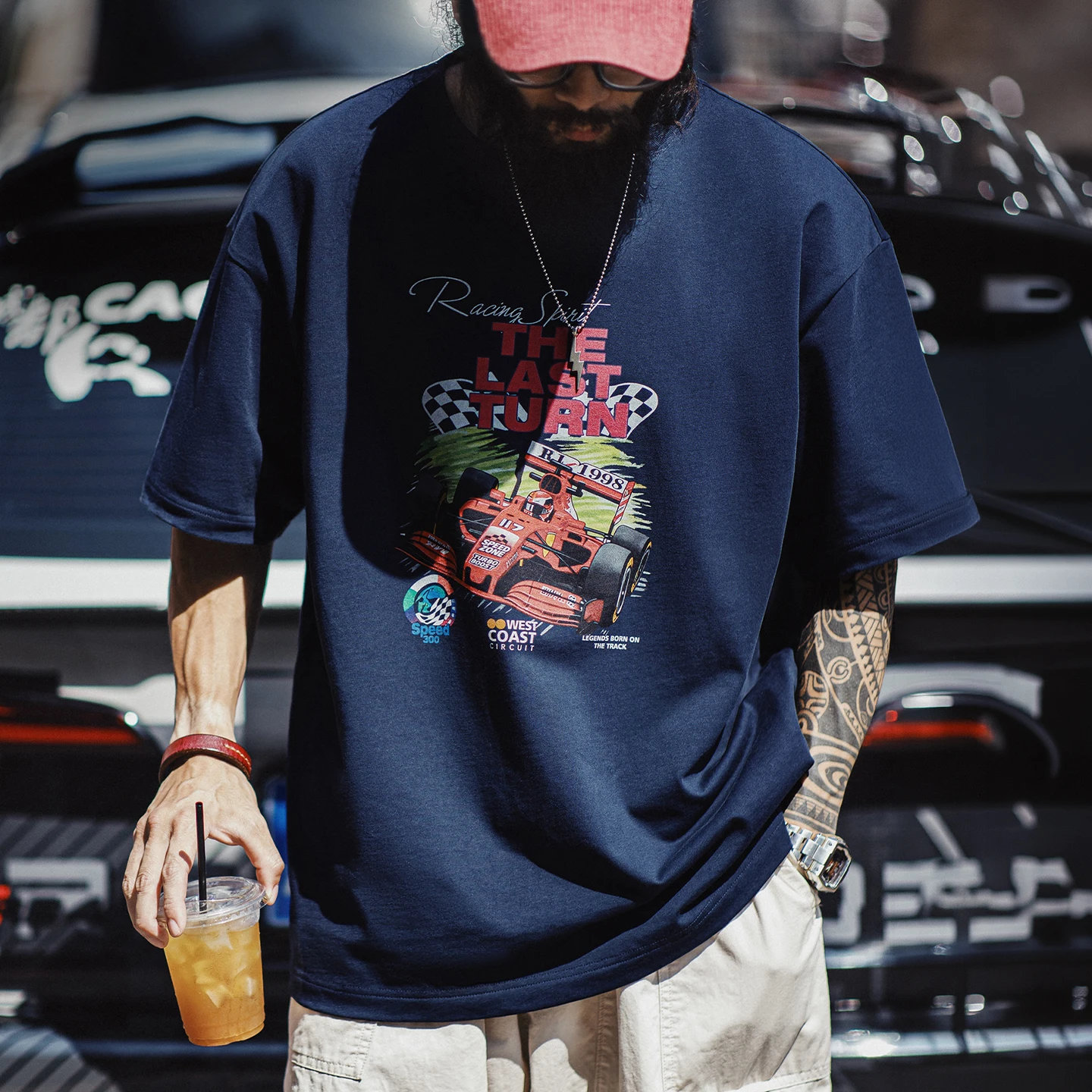 MADEN Vintage Men's Short Sleeve T-Shirt Racing Graphic Print Loose Casual Mens Tee Summer